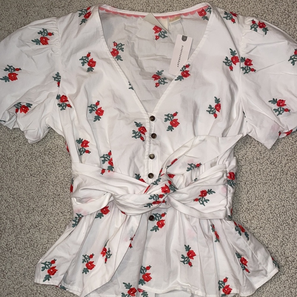 🌹 NWT Anthropologie Rose Floral White Puff Sleeve Top with Waist Tie